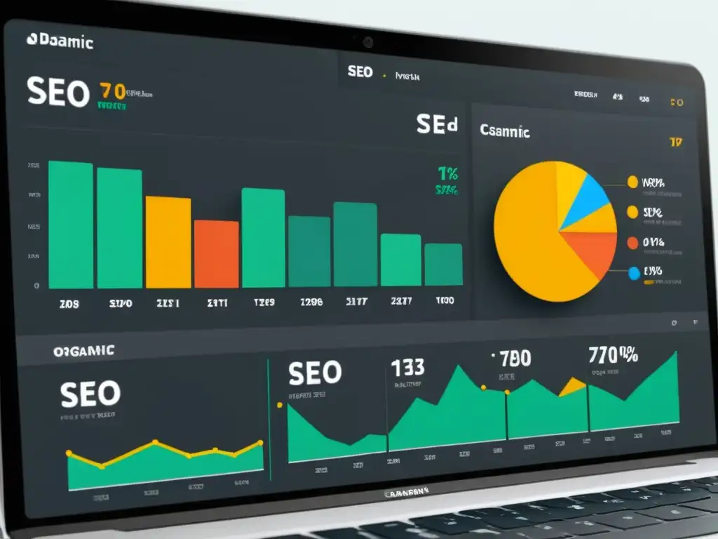 Un elegante panel de control muestra métricas de SEO para eCommerce, transmitiendo profesionalismo y sofisticación