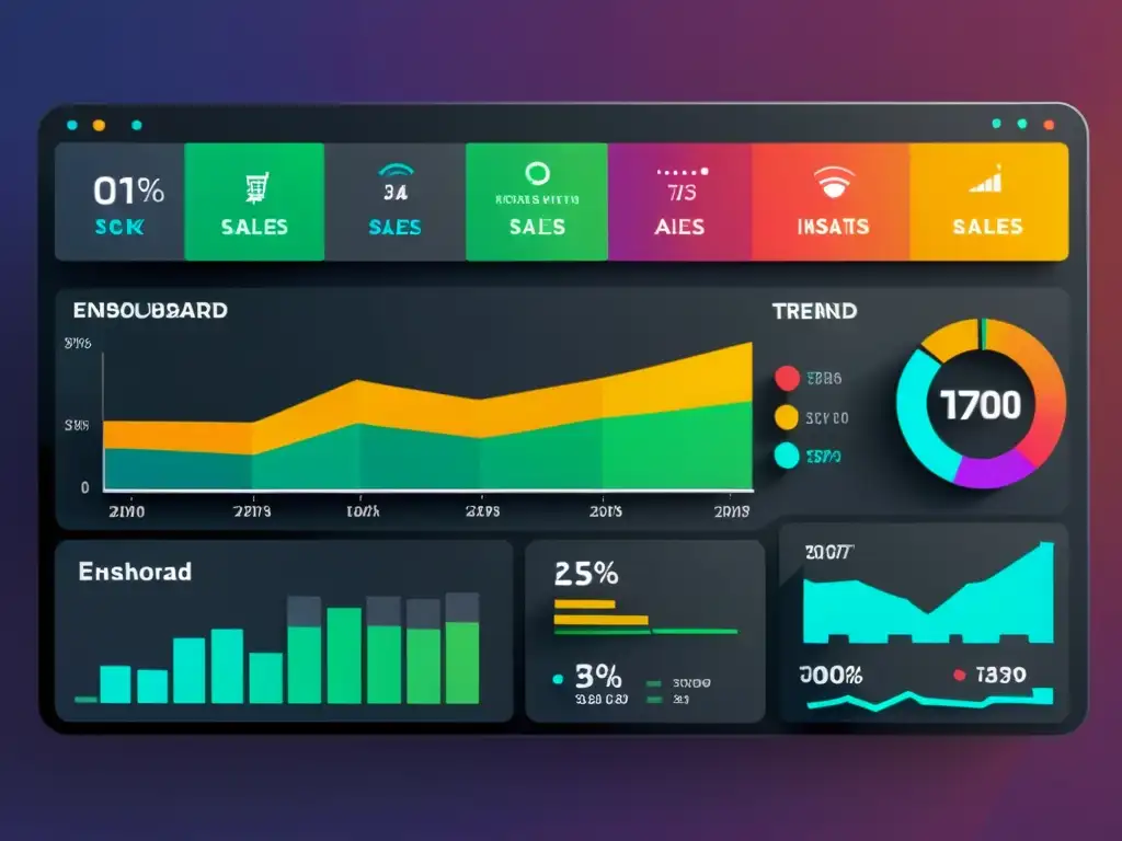 Un elegante panel de visualización de datos futurista con gráficos de análisis predictivo en comercio electrónico, vibrantes y sofisticados