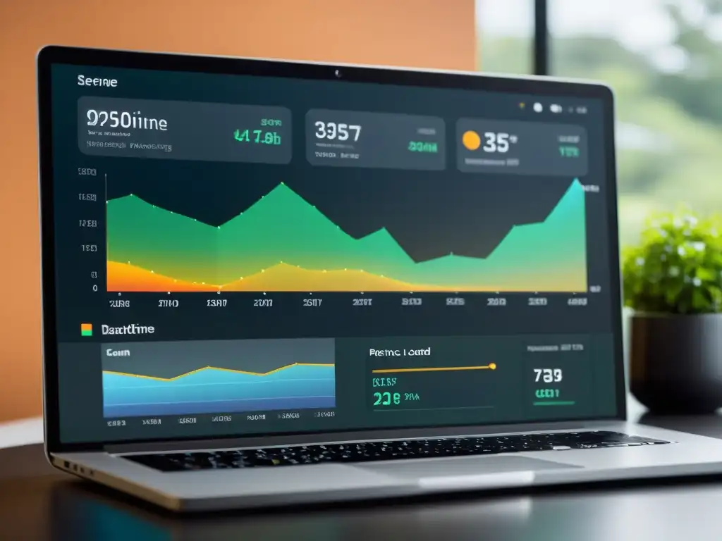 Un elegante panel de monitoreo de rendimiento web, con visualizaciones intuitivas y una paleta de colores profesional