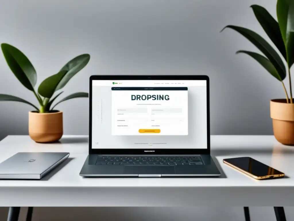 Un elegante portátil muestra una plataforma dropshipping sin inventario en un entorno sereno y enfocado