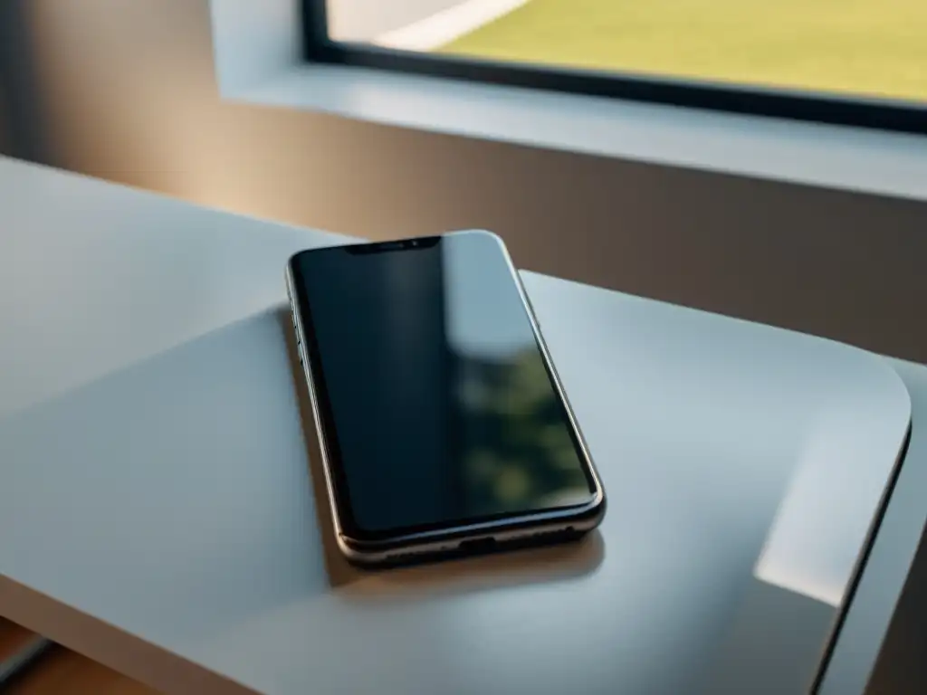 Un elegante smartphone en un escritorio blanco, iluminado por luz natural