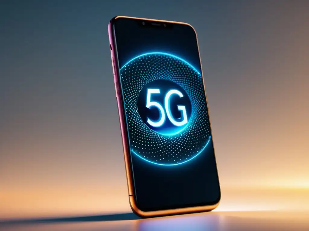 Un elegante smartphone muestra pruebas de velocidad 5G en un fondo minimalista, destacando el potencial de 5G en comercio electrónico