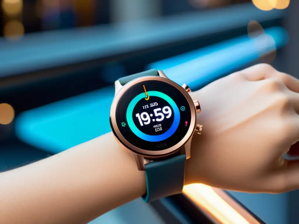 Un elegante smartwatch futurista con un diseño minimalista, mostrando una confirmación de pago segura en una pantalla vibrante de alta resolución