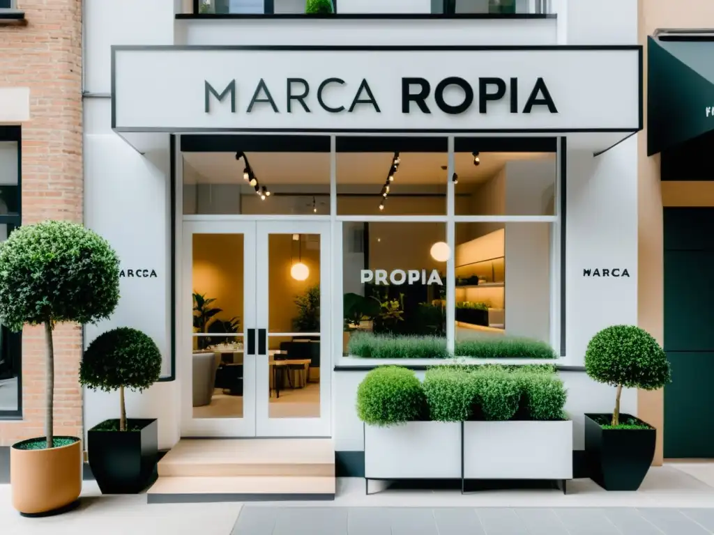 Una elegante tienda blanca con grandes ventanas y un letrero que dice 'Marca Propia'