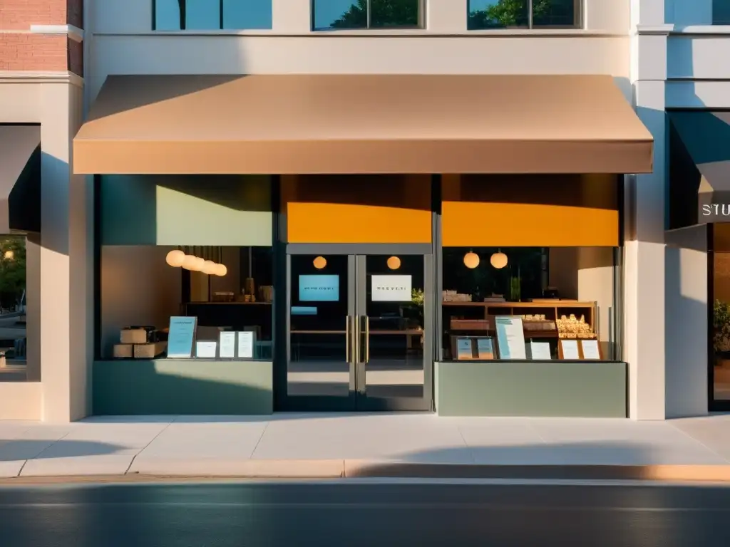 Una elegante tienda moderna con ventanales grandes bañados por la cálida luz del atardecer, evocando la estrategia de precios rebajas estacionales