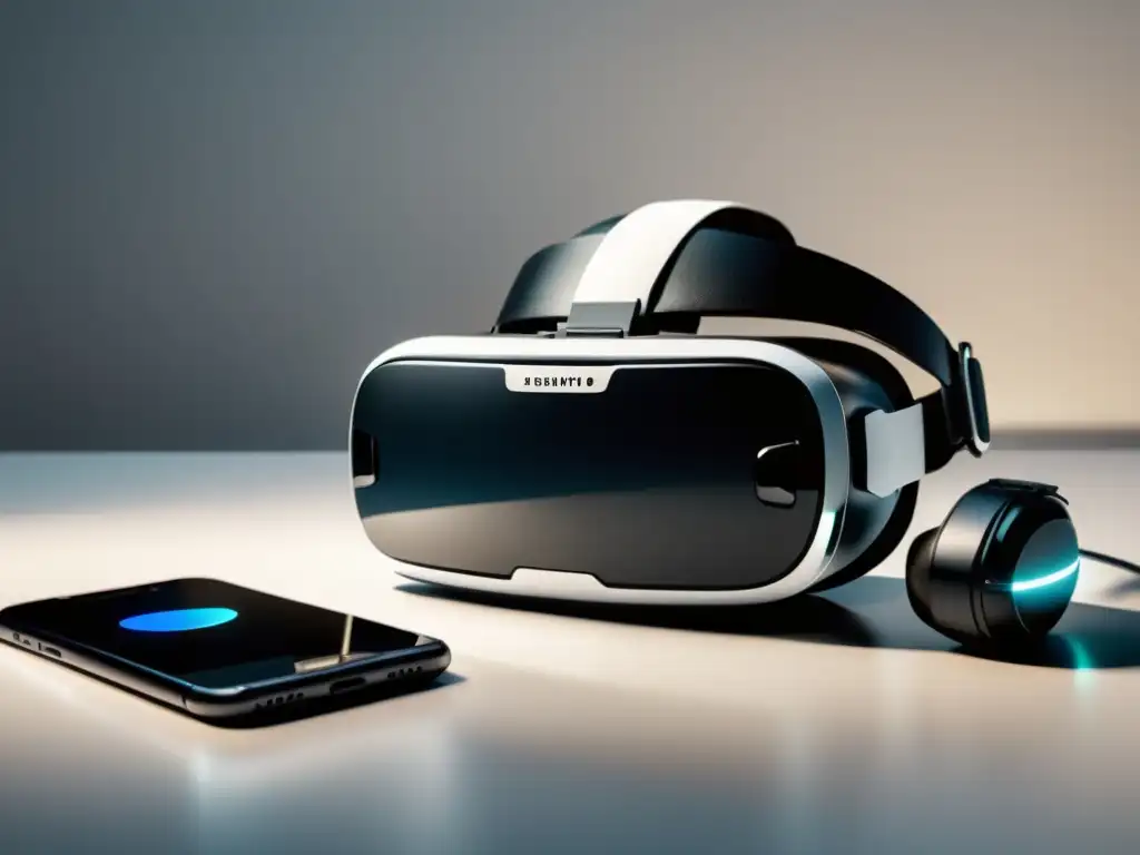 Un elegante visor de realidad virtual y un smartphone muestran una app de ecommerce en realidad aumentada