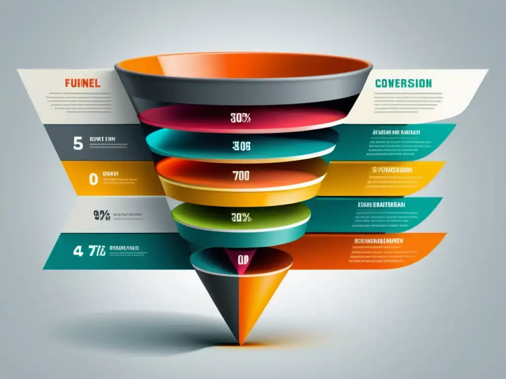 Gráfica de embudo de conversión en ecommerce con diseño moderno y etapas diferenciadas por colores