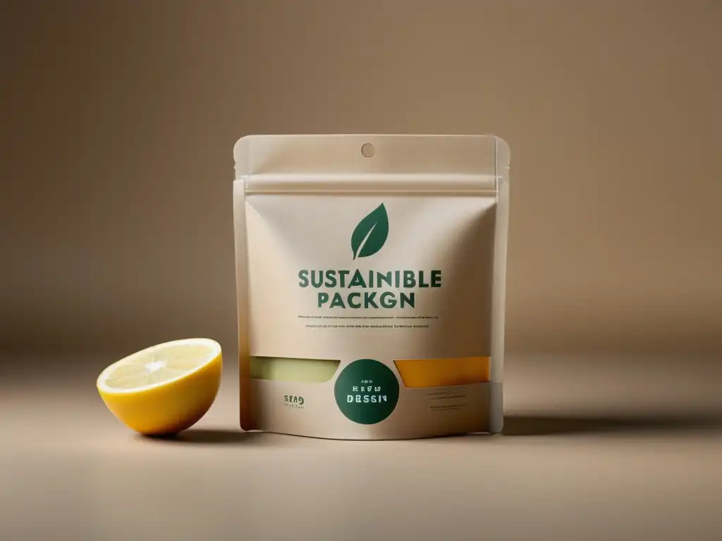 Un empaque sostenible para alimentos en tonos terrosos, con materiales naturales como el cartón reciclado o plástico biodegradable