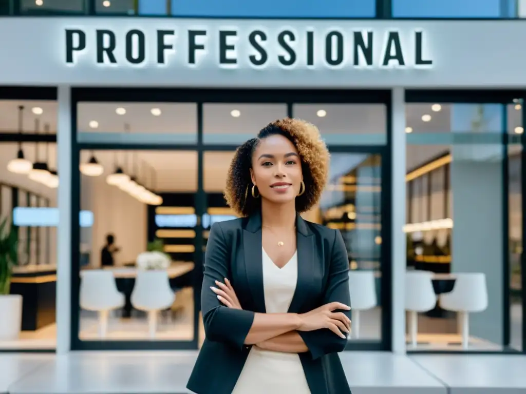 Emprendedora en economías emergentes: mujer segura y exitosa frente a una tienda moderna y minimalista, expresando determinación y éxito