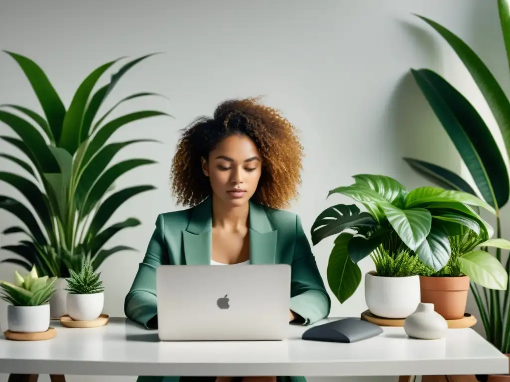 Una emprendedora en economías emergentes trabaja con determinación en su negocio en línea, rodeada de plantas y luz natural en un moderno escritorio