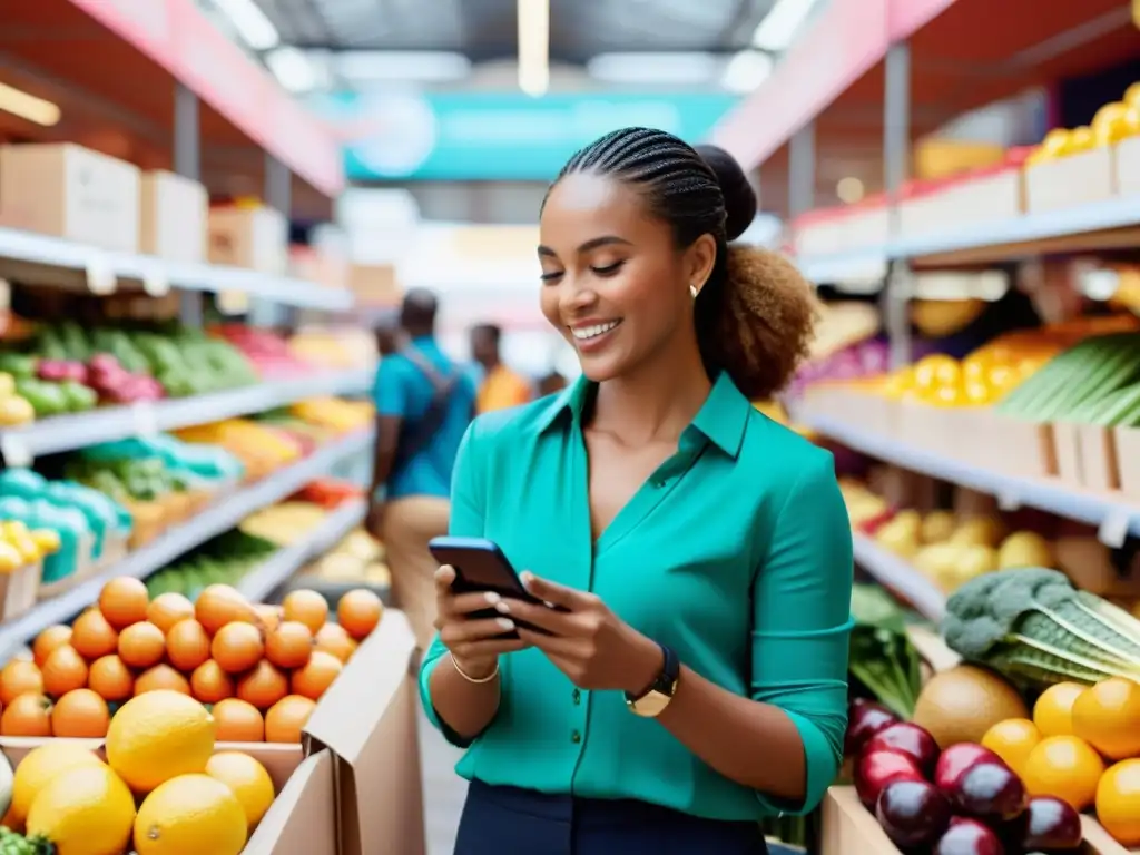 Emprendedora en economías emergentes dirige su negocio en un mercado vibrante, interactuando con clientes y mostrando determinación