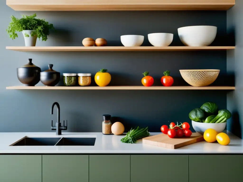 Una encantadora cocina minimalista con ingredientes frescos organizados en contenedores modernos