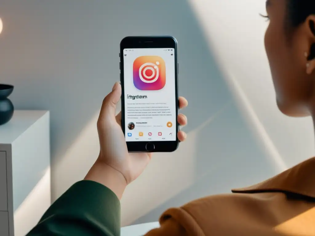 Aumentar engagement Instagram Stories: Persona sosteniendo smartphone con Instagram story cautivadora en moderno espacio de trabajo