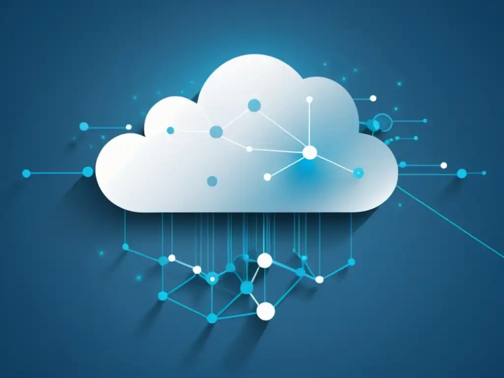 Un entramado moderno de nodos conectados con eficiencia bajo un suave y etéreo resplandor de nube