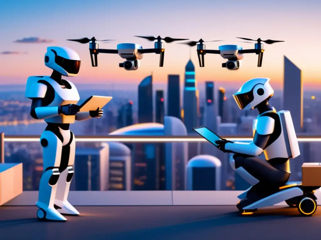 Entrega de ecommerce con drones y robots: Futurista escena de entrega con un dron y un robot en una ciudad al atardecer