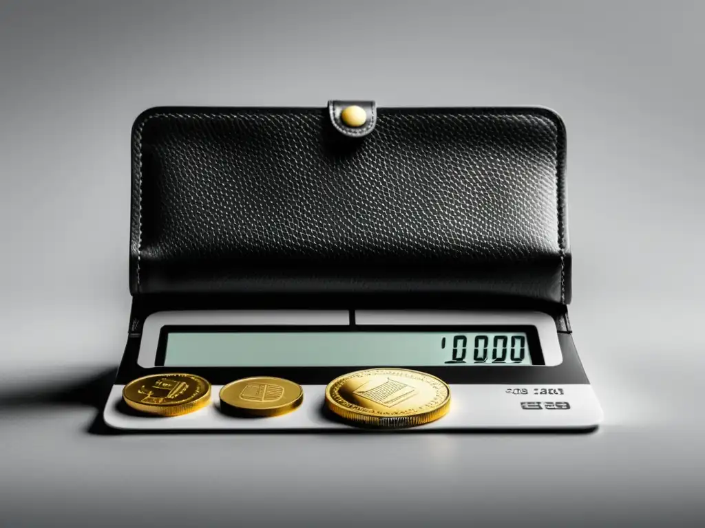 Equilibrio financiero en ilustración blanco y negro: báscula con monedas y cartera