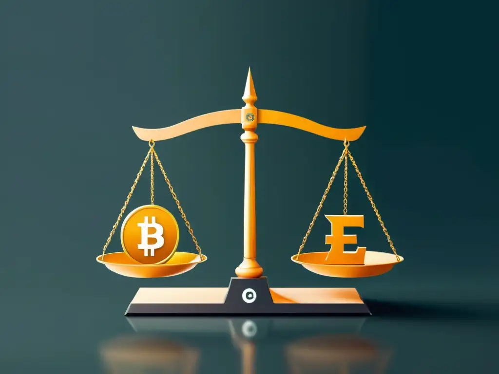 Equilibrio legal entre monedas tradicionales y criptomonedas en ecommerce, representado en una ilustración digital minimalista