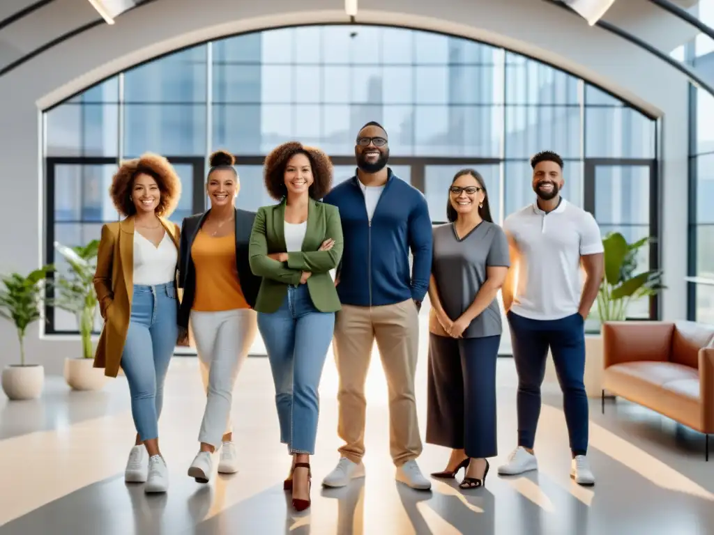 Equipo diverso en el comercio electrónico, abrazados en un ambiente profesional inclusivo