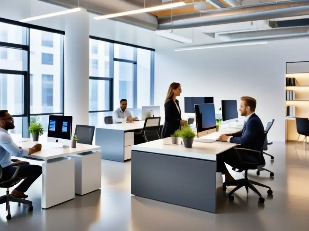 Un equipo diverso trabajando en una oficina moderna y luminosa