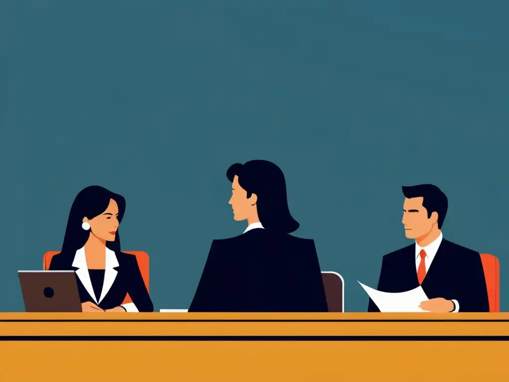 Escena minimalista de un tribunal con profesionales legales, ilustrando la regulación y aplicación de leyes de publicidad online