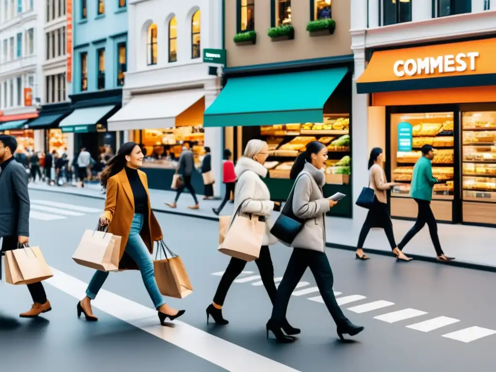 Escena urbana bulliciosa con personas de diferentes edades y orígenes participando en formas diversas de comercio electrónico, como compras en línea, entrega de comida y transacciones digitales