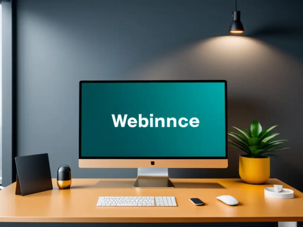 Escenario de webinar moderno y minimalista para marketing digital eCommerce, con presentador profesional y branding sofisticado