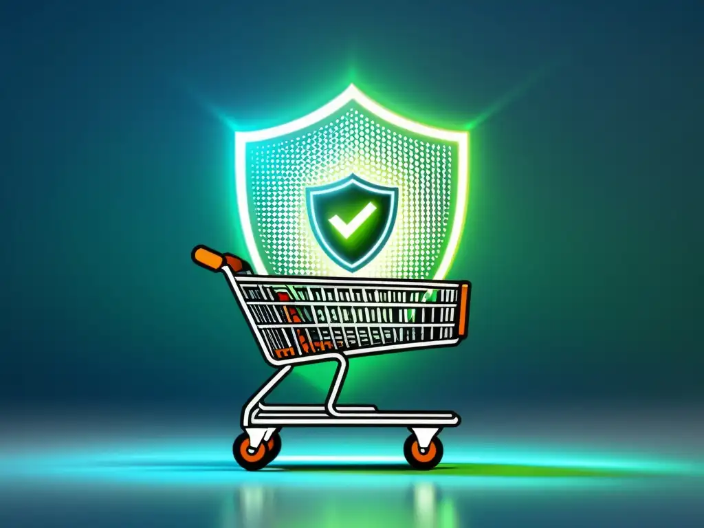 Escudo virtual futurista protegiendo el carrito de compras digital, resaltando la importancia de antivirus en ecommerce