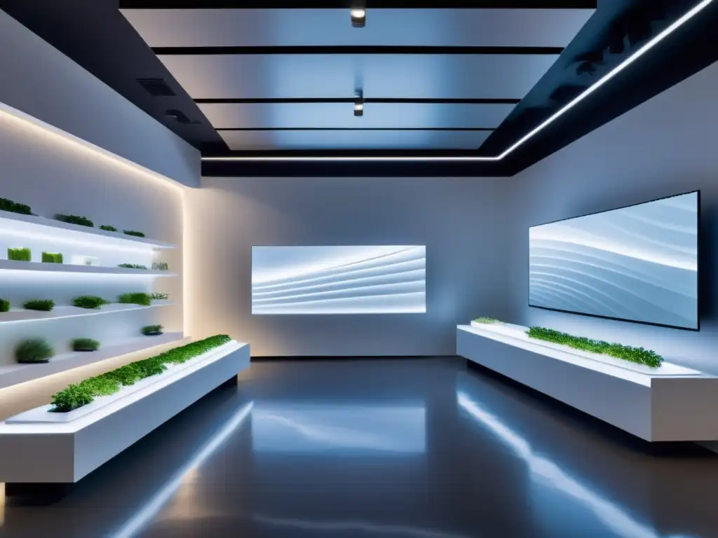 Espacio comercial futurista y multisensorial con luces LED suaves, pantallas táctiles y sistemas integrados de aroma y sonido