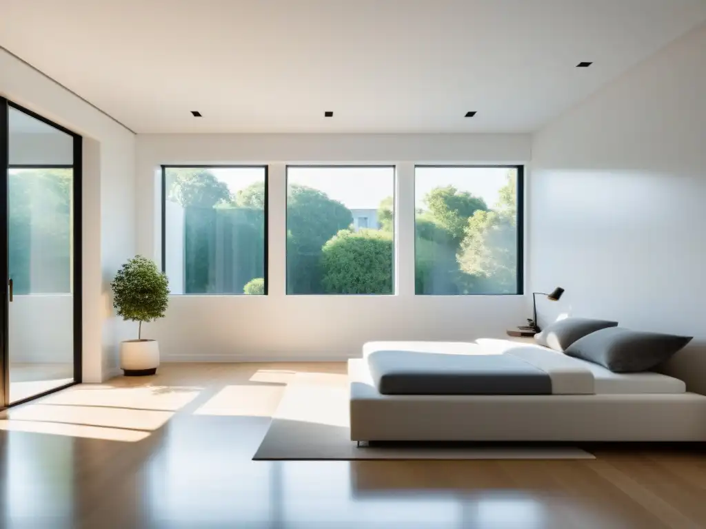 Espacio minimalista y sereno con impacto del espacio en blanco, muebles limpios y luz natural abundante