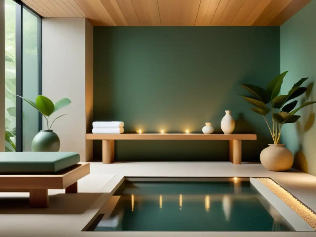 Espacio de spa moderno y sereno con mobiliario confortable, vegetación exuberante y colores calmantes