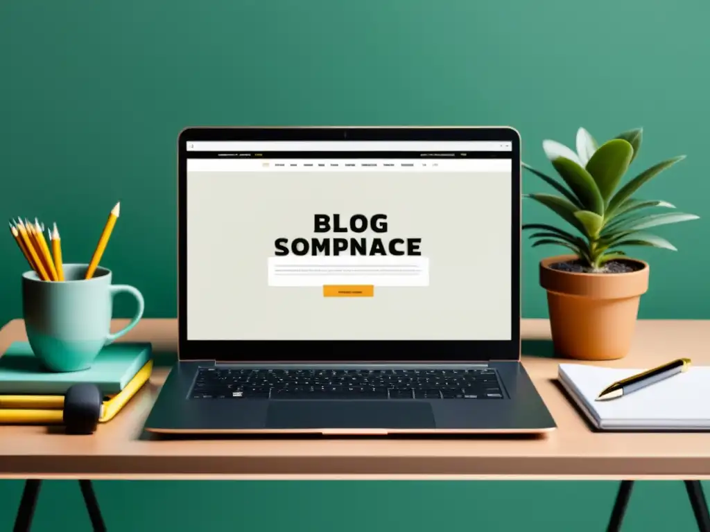 Un espacio de trabajo creativo con laptop, plantas, café y herramientas para mejorar blog ecommerce