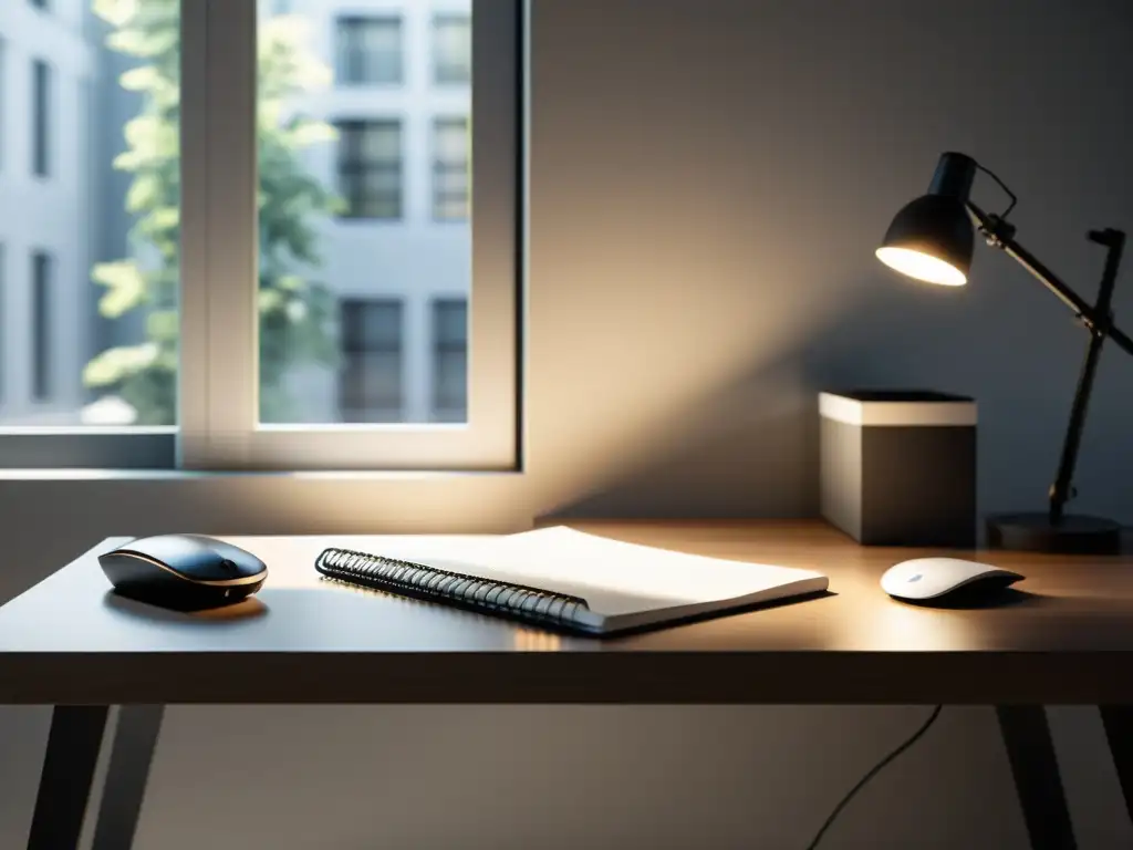 Espacio de trabajo minimalista con computadora elegante, bloc de notas y pluma en un escritorio moderno cerca de la ventana con luz natural