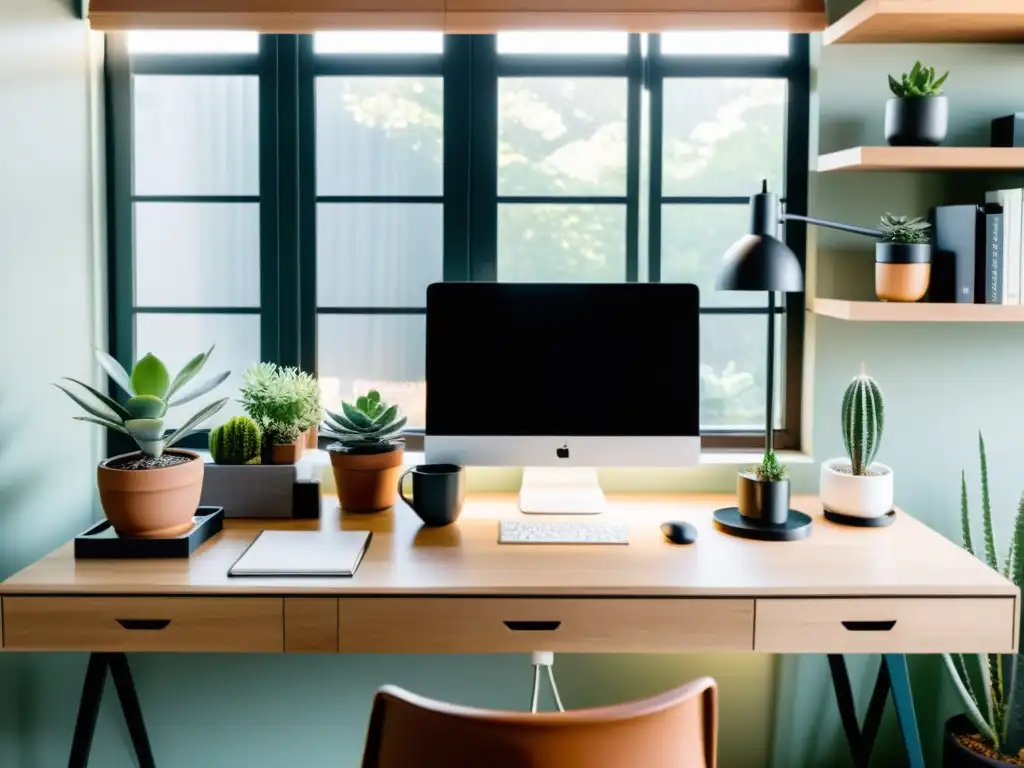 Un espacio de trabajo minimalista con un elegante ordenador, organizadores y una taza de café, iluminado por suave luz natural