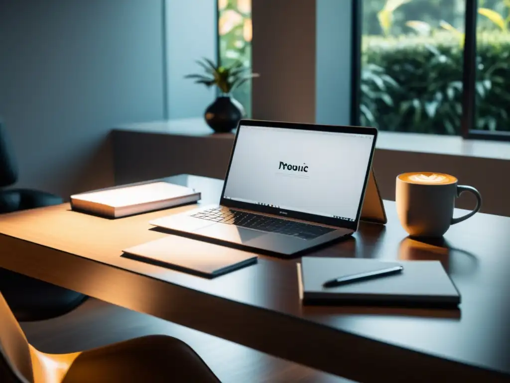 Un espacio de trabajo minimalista con un elegante portátil, bloc de notas y una taza de café, bañado en suave luz natural