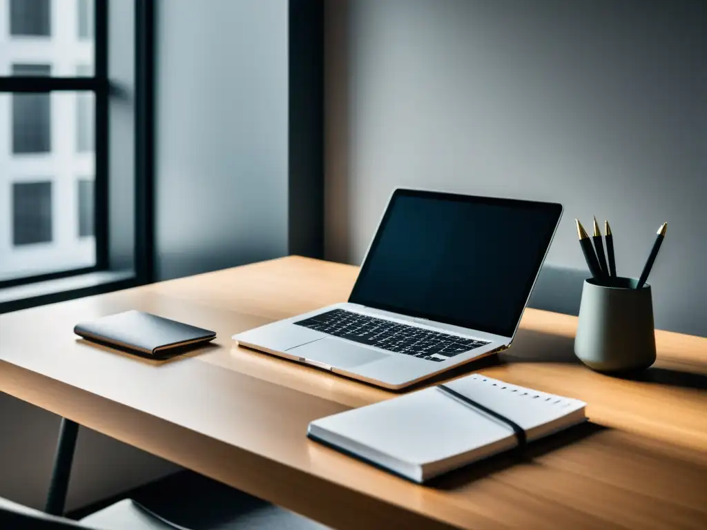 Espacio de trabajo minimalista con laptop, cuaderno y pluma