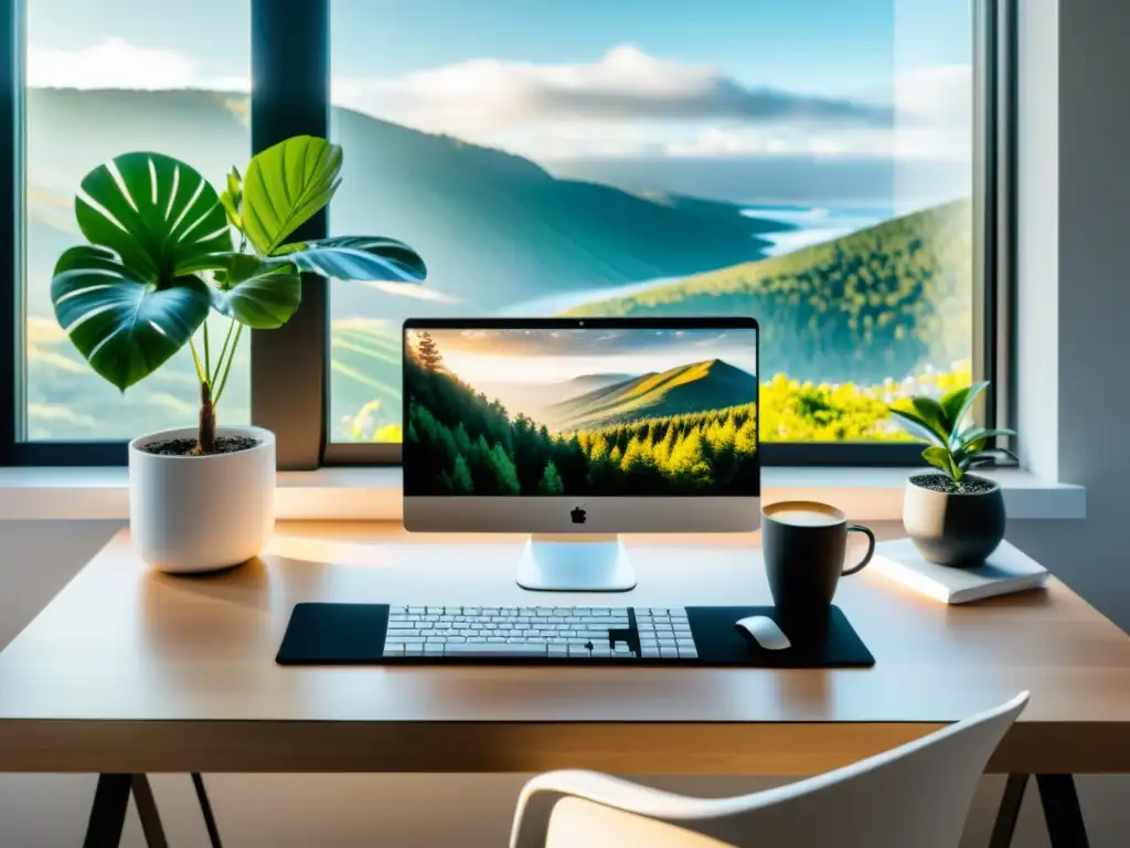 Espacio de trabajo minimalista con luz natural, escritorio moderno, teclado, libreta y una taza de café