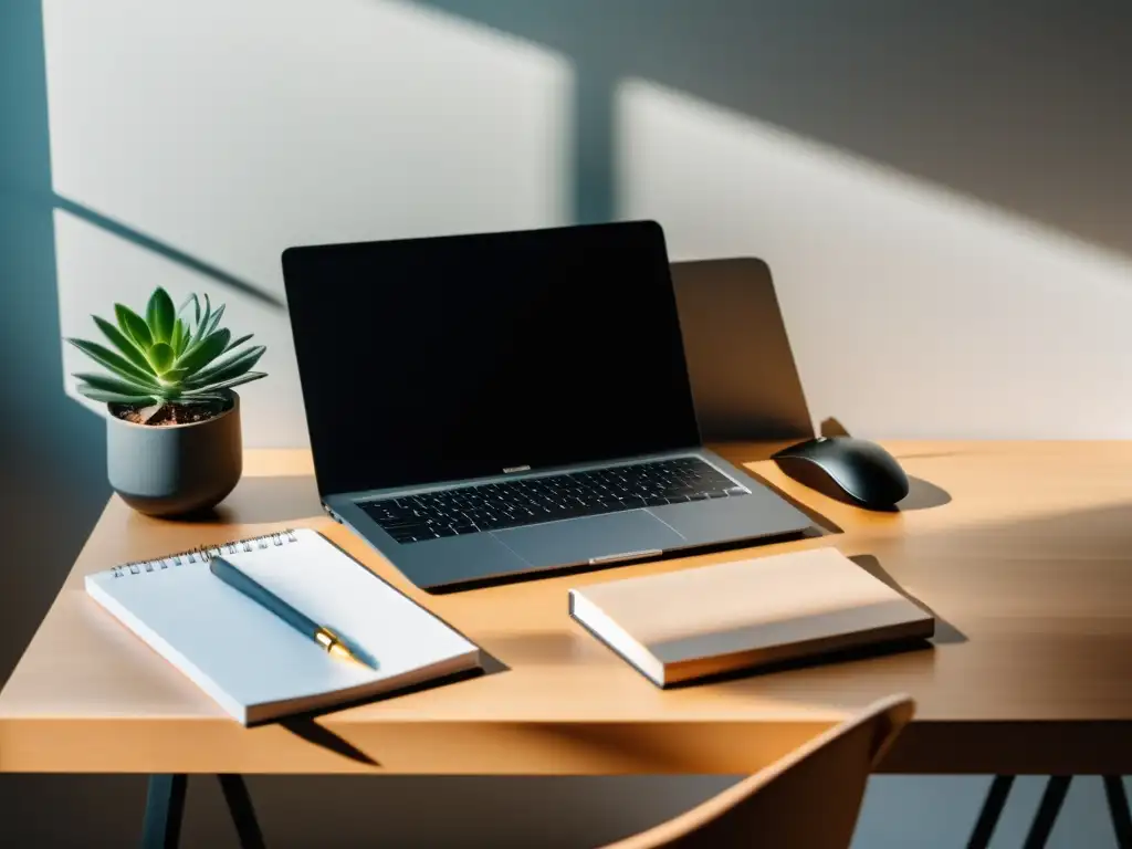 Un espacio de trabajo moderno y minimalista con laptop, libreta y bolígrafo