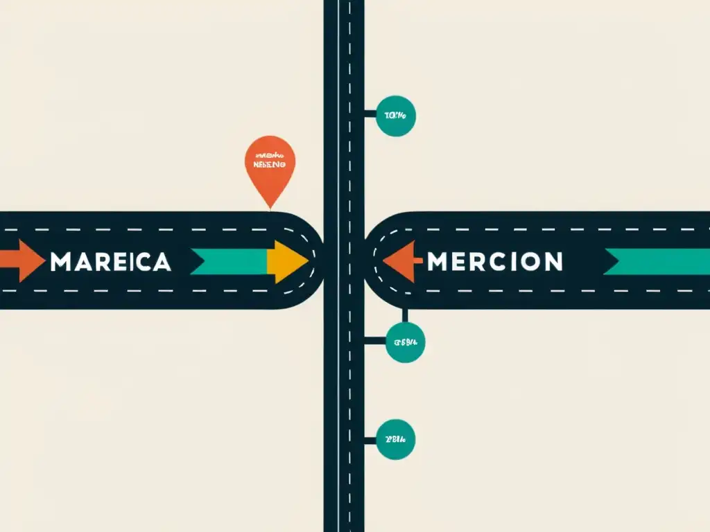 Dos estrategias de precios representadas en un camino concurrido y otro estrecho con altos márgenes de beneficio, Penetración de mercado vs Skimming