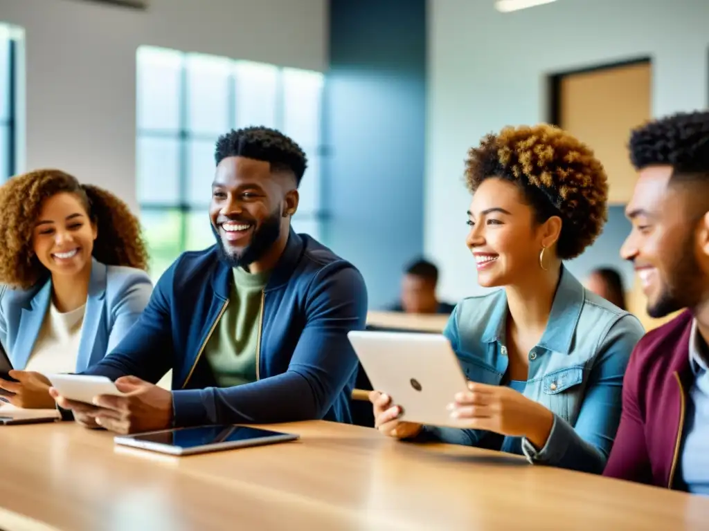 Estudiantes entusiastas participando en el futuro del ecommerce en economías emergentes en un aula moderna llena de luz natural