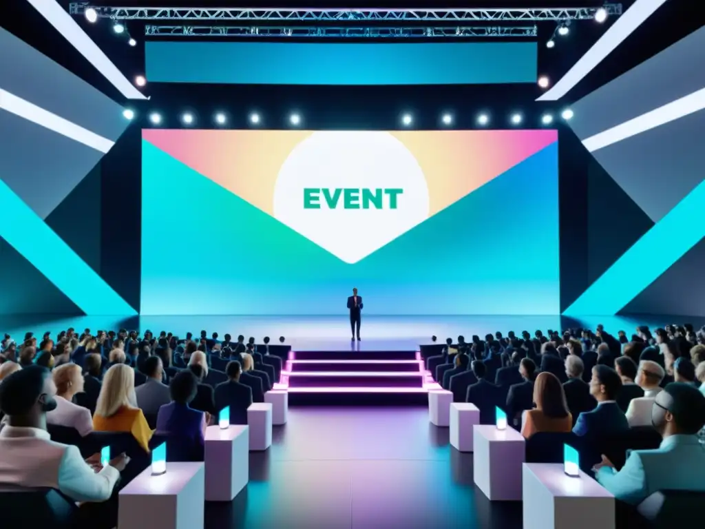 Un evento virtual con diseño futurista y escenario holográfico, mostrando la proyección de una marca