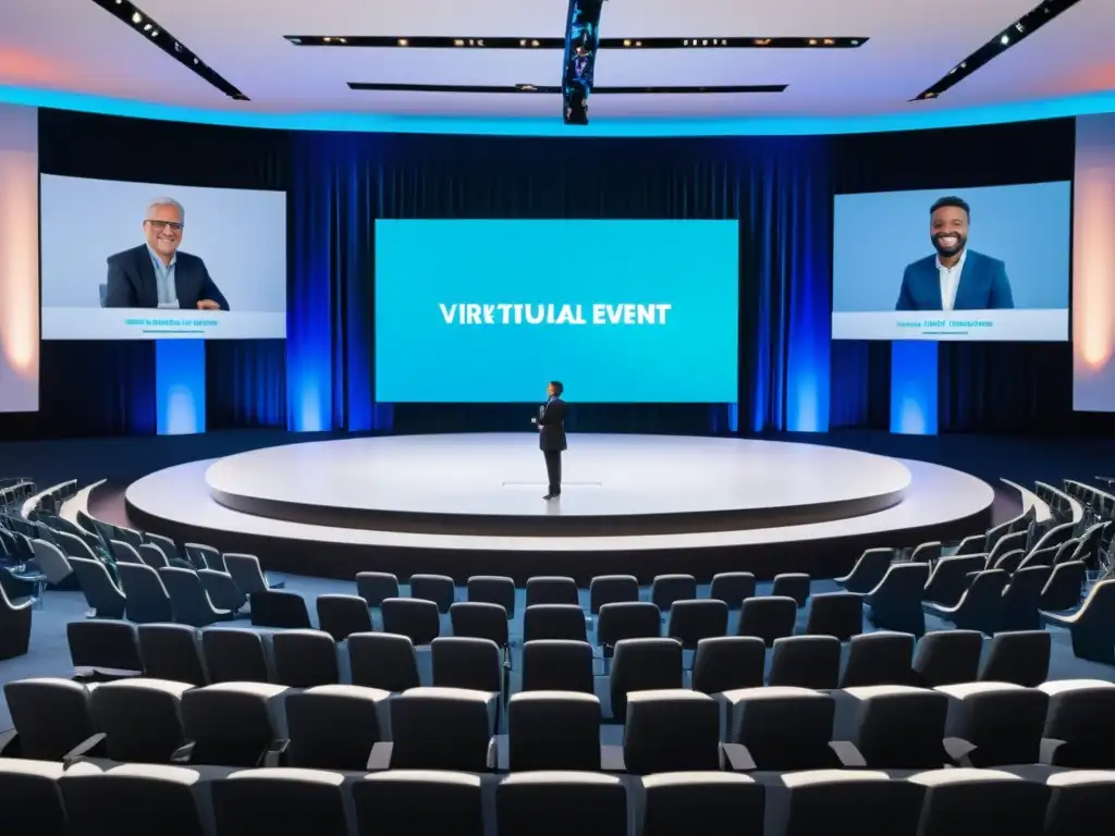 Un evento virtual para marcas: interfaz moderna, escenario digital, participantes activos y contenido interactivo de alta calidad