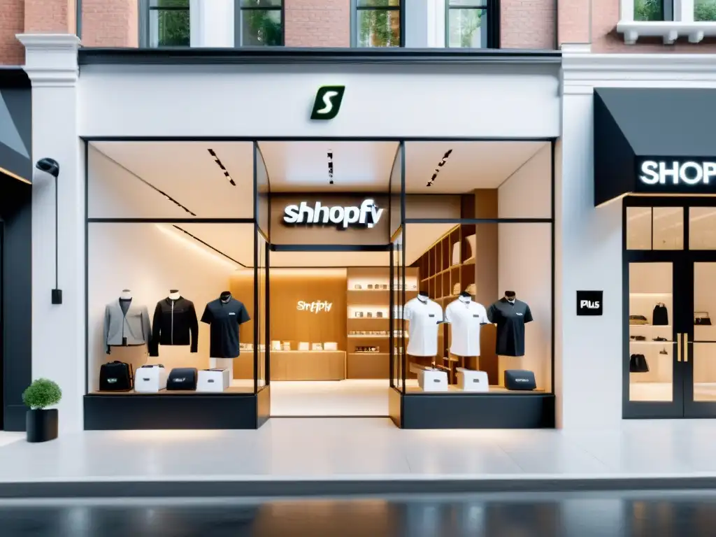 Exclusiva tienda con diseño moderno en blanco, exhibiendo productos de alta gama y el logo discreto de Shopify Plus en la puerta