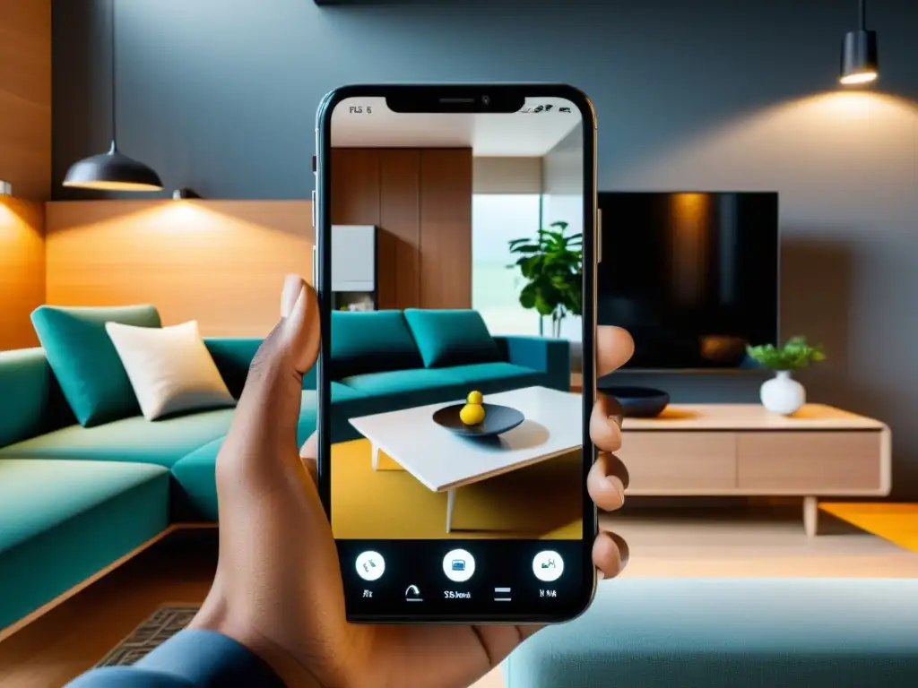 Experiencia de compra online con realidad aumentada: smartphone muestra mueble virtual en sala realista