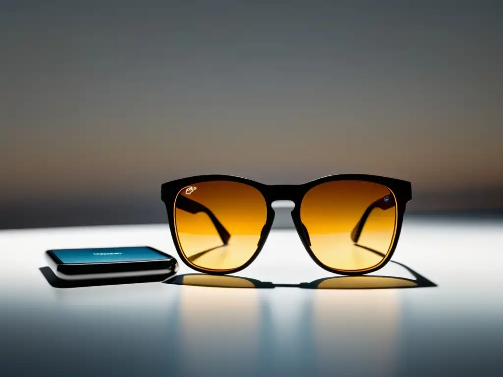 Una experiencia de compra online con realidad aumentada, mostrando la prueba virtual de lentes de sol en un smartphone elegante y minimalista