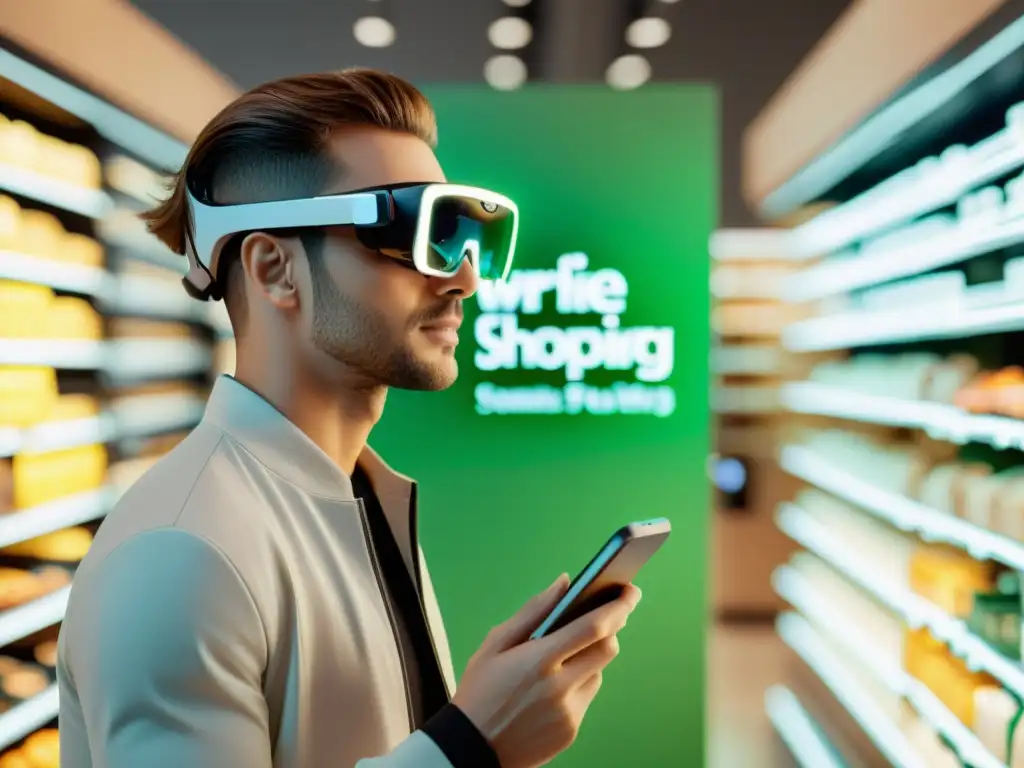 Exploración de productos en Realidad Aumentada para ecommerce con gafas AR en entorno de compras online futurista e inmersivo