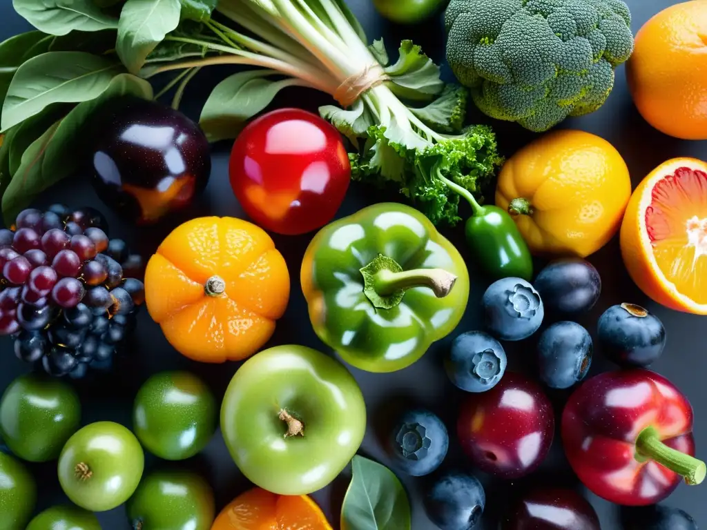 Una exuberante pila de frutas y verduras orgánicas recién cosechadas, con colores vibrantes y un aspecto fresco