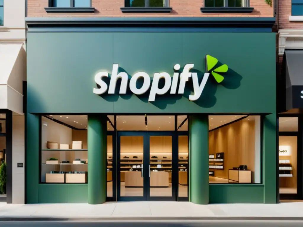 Una fachada moderna y elegante con el logo de Shopify Plus, ideal para migrar a Shopify Plus en el momento adecuado