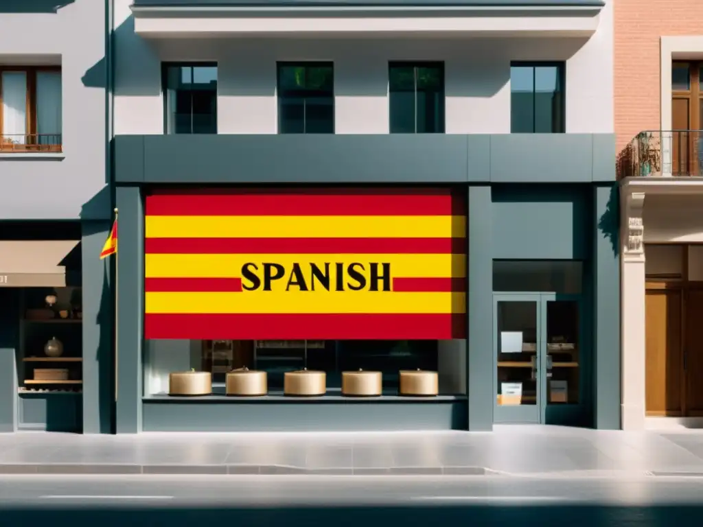 Una fachada moderna y minimalista con la bandera de España ondeando al sol