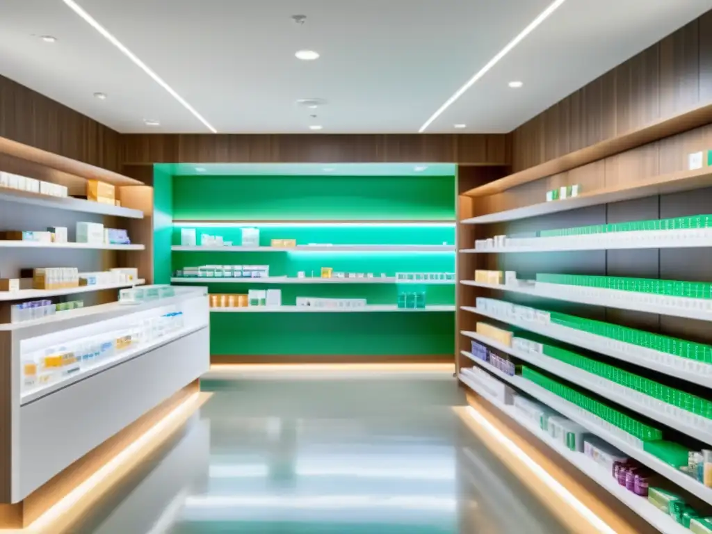 Farmacia moderna con estantes minimalistas y productos de salud