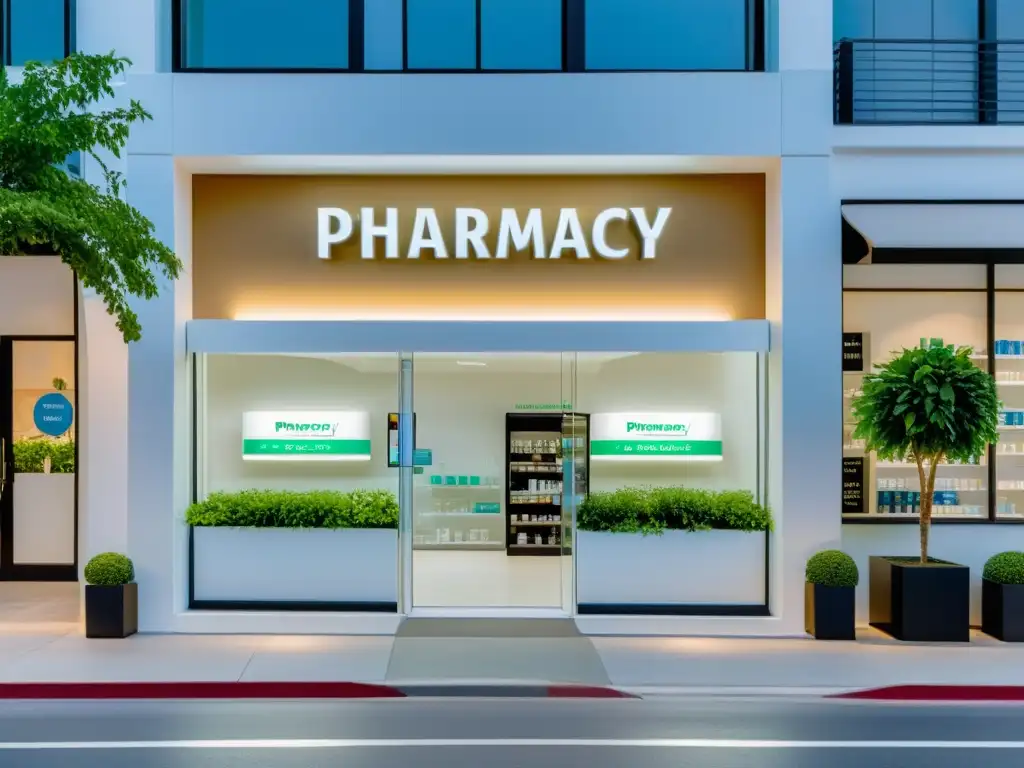 Una farmacia moderna y minimalista con un elegante letrero, ventanas de vidrio y un ambiente profesional